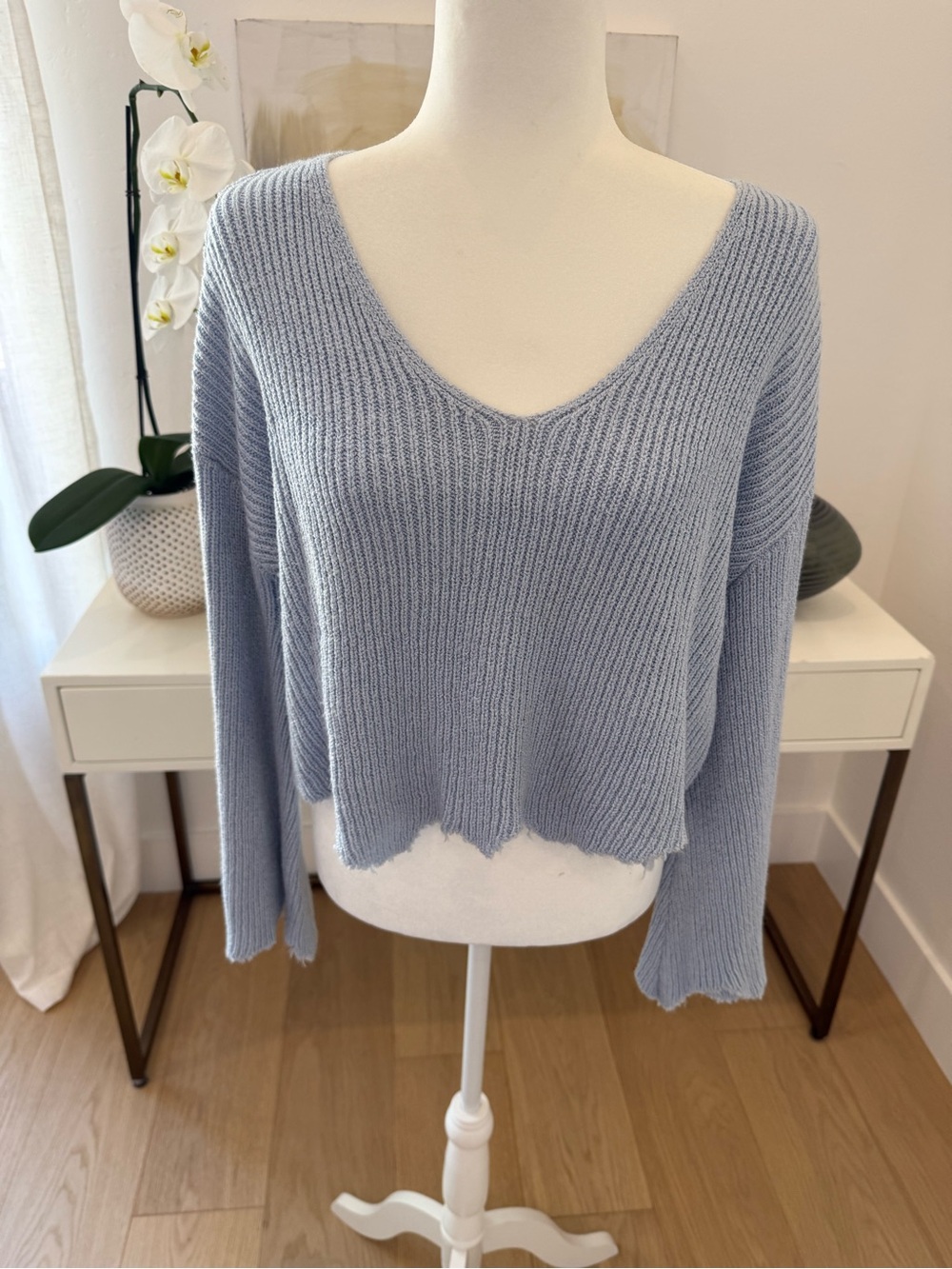 LUSH Light Blue V-Neck Ribbed Cropped Sweater